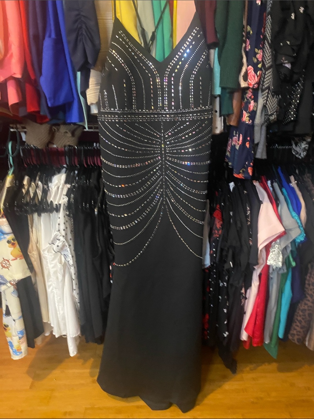 SHEIN Black Maxi Evening Dress with Rhinestone Detail